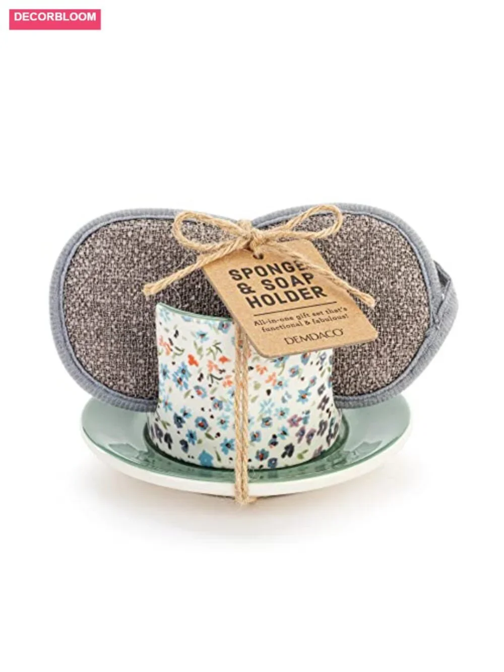 Watercolor Floral Stoneware Soap Dish with Sponge Kitchen Accessory